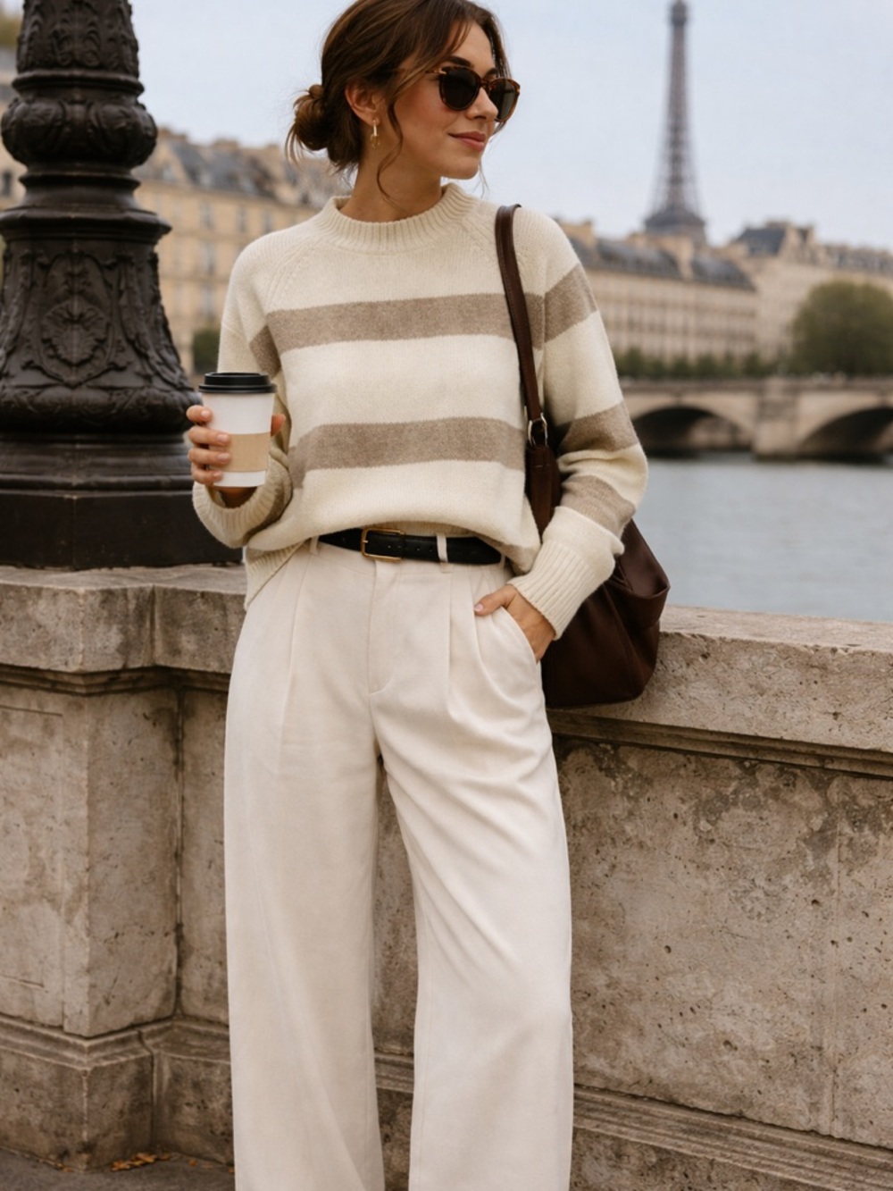 REITMANS Neutral Stripe Mock Neck Sweater Oversized XS Cream Tan